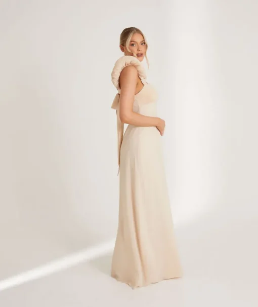 Pleated Statement Shoulder Chiffon Bridesmaid Dress - Butter Cream