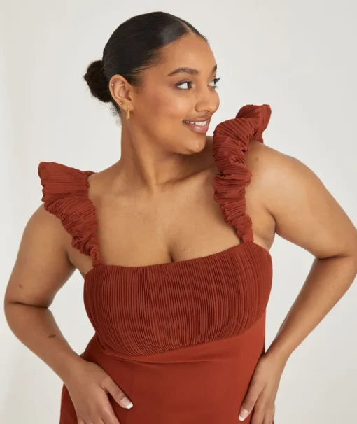 Pleated Statement Shoulder Chiffon Bridesmaid Dress - Rust