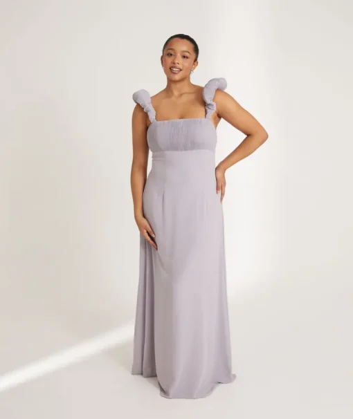 Pleated Statement Shoulder Chiffon Bridesmaid Dress - Dusty Lilac