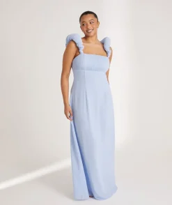 Pleated Statement Shoulder Chiffon Bridesmaid Dress - Cornflower Blue