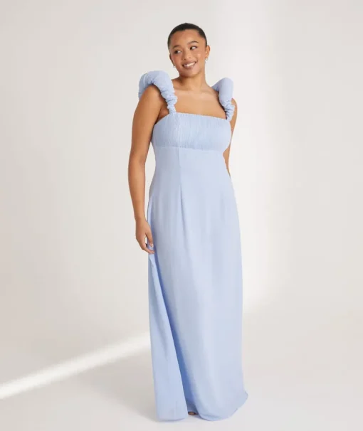Pleated Statement Shoulder Chiffon Bridesmaid Dress - Cornflower Blue