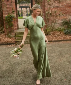Plunge Batwing Satin Bridesmaid Dress - Moss Green