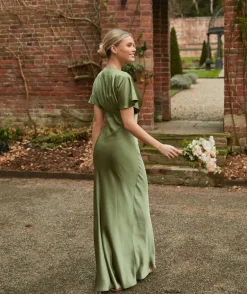 Plunge Batwing Satin Bridesmaid Dress - Moss Green