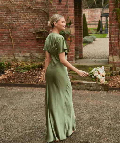 Plunge Batwing Satin Bridesmaid Dress - Moss Green