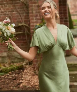Plunge Batwing Satin Bridesmaid Dress - Moss Green
