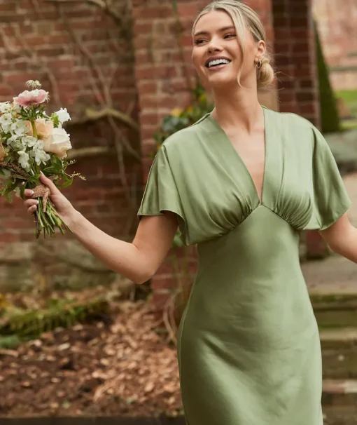 Plunge Batwing Satin Bridesmaid Dress - Moss Green