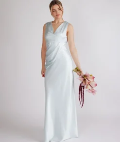 Plunge Drape Detail Satin Bridesmaid Dress - Ice Blue