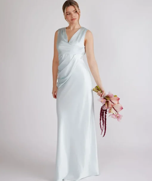 Plunge Drape Detail Satin Bridesmaid Dress - Ice Blue