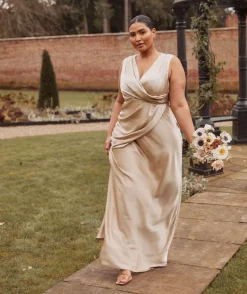 Plunge Drape Detail Satin Bridesmaid Dress - Champagne