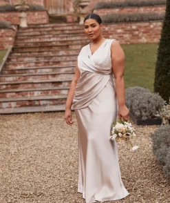 Plunge Drape Detail Satin Bridesmaid Dress - Oyster