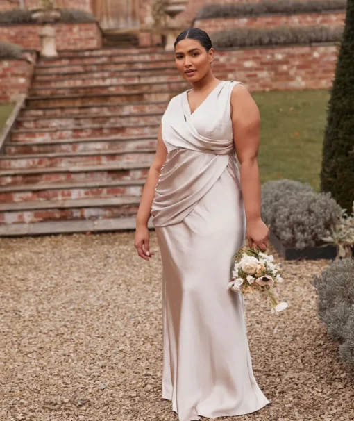 Plunge Drape Detail Satin Bridesmaid Dress - Oyster