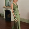 Plunge Drape Detail Satin Bridesmaid Dress - Moss Green
