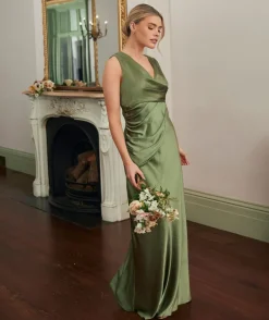 Plunge Drape Detail Satin Bridesmaid Dress - Moss Green
