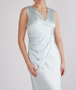 Plunge Drape Detail Satin Bridesmaid Dress - Ice Blue