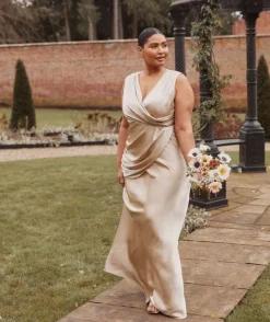 Plunge Drape Detail Satin Bridesmaid Dress - Champagne