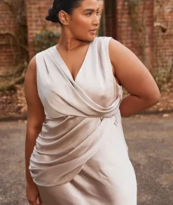 Plunge Drape Detail Satin Bridesmaid Dress - Oyster