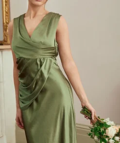 Plunge Drape Detail Satin Bridesmaid Dress - Moss Green