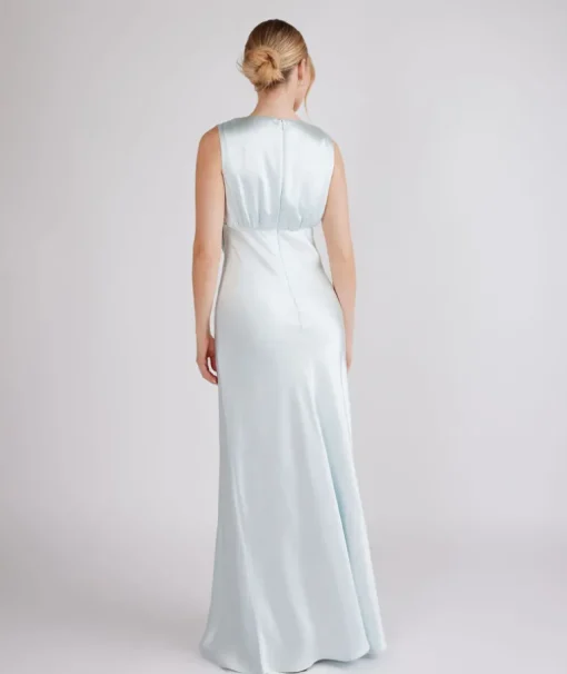 Plunge Drape Detail Satin Bridesmaid Dress - Ice Blue