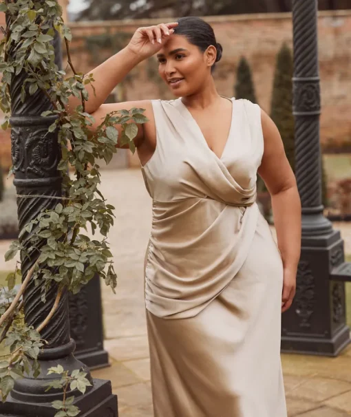 Plunge Drape Detail Satin Bridesmaid Dress - Champagne