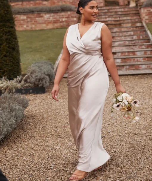 Plunge Drape Detail Satin Bridesmaid Dress - Oyster