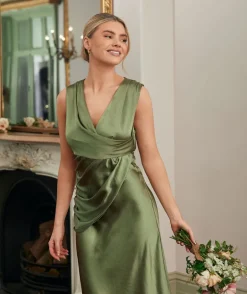 Plunge Drape Detail Satin Bridesmaid Dress - Moss Green