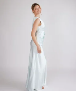 Plunge Drape Detail Satin Bridesmaid Dress - Ice Blue