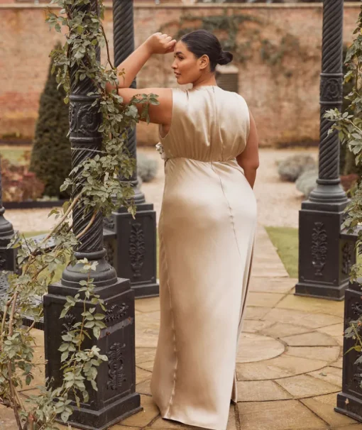Plunge Drape Detail Satin Bridesmaid Dress - Champagne