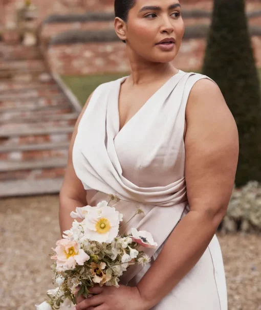 Plunge Drape Detail Satin Bridesmaid Dress - Oyster