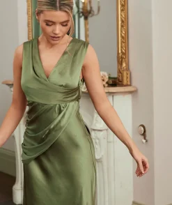 Plunge Drape Detail Satin Bridesmaid Dress - Moss Green