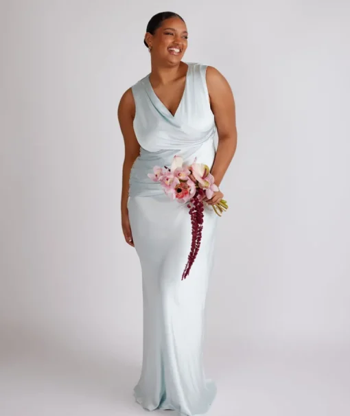 Plunge Drape Detail Satin Bridesmaid Dress - Ice Blue