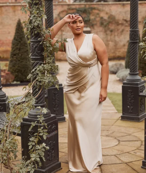 Plunge Drape Detail Satin Bridesmaid Dress - Champagne