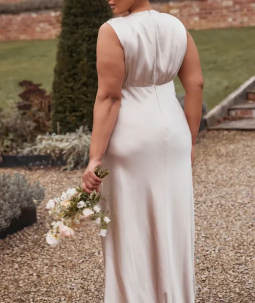 Plunge Drape Detail Satin Bridesmaid Dress - Oyster