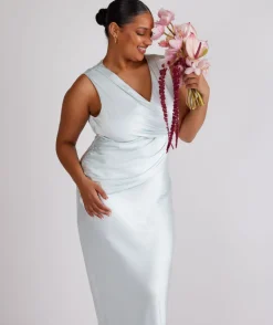 Plunge Drape Detail Satin Bridesmaid Dress - Ice Blue