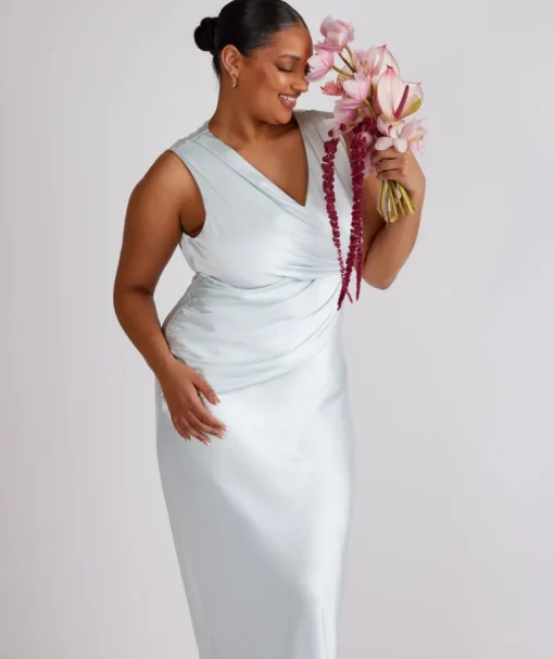 Plunge Drape Detail Satin Bridesmaid Dress - Ice Blue