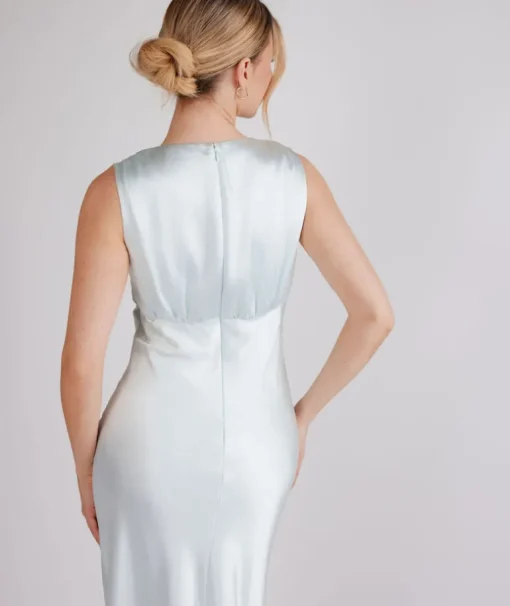 Plunge Drape Detail Satin Bridesmaid Dress - Ice Blue