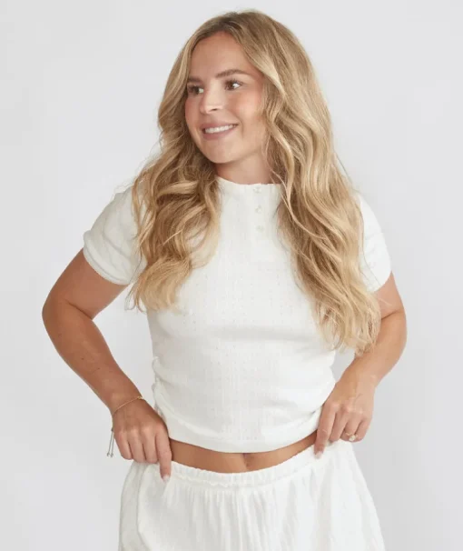 Pointelle Short Sleeve Pyjama Top - Coconut