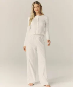 Pointelle Wide Leg Floral Pyjama Trousers - White