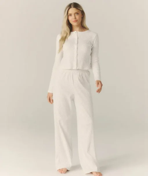 Pointelle Wide Leg Floral Pyjama Trousers - White