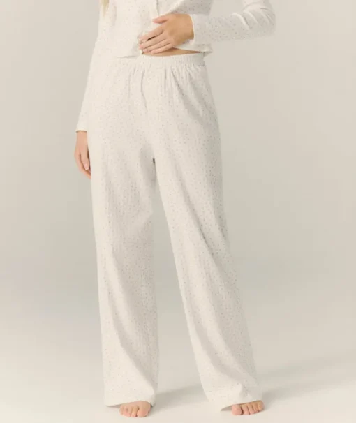 Pointelle Wide Leg Floral Pyjama Trousers - White
