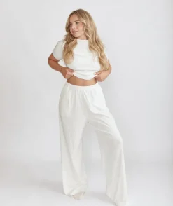 Pointelle Wide Leg Pyjama Trousers - Coconut