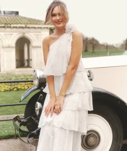 Polka Corsage Tiered Midaxi Dress - White
