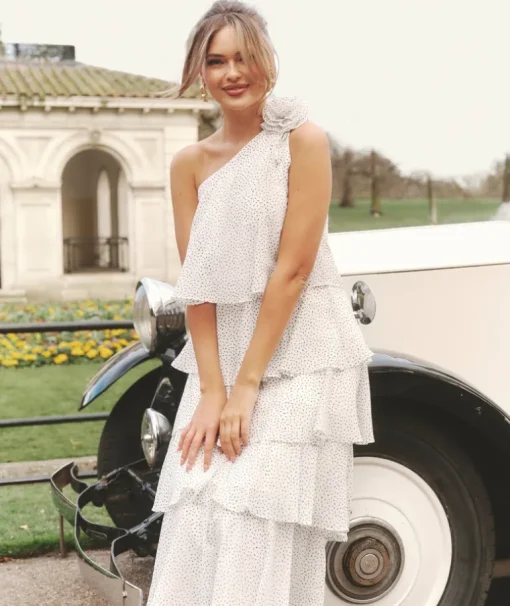Polka Corsage Tiered Midaxi Dress - White