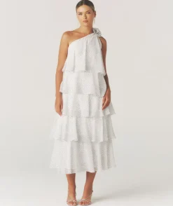 Polka Corsage Tiered Midaxi Dress - White