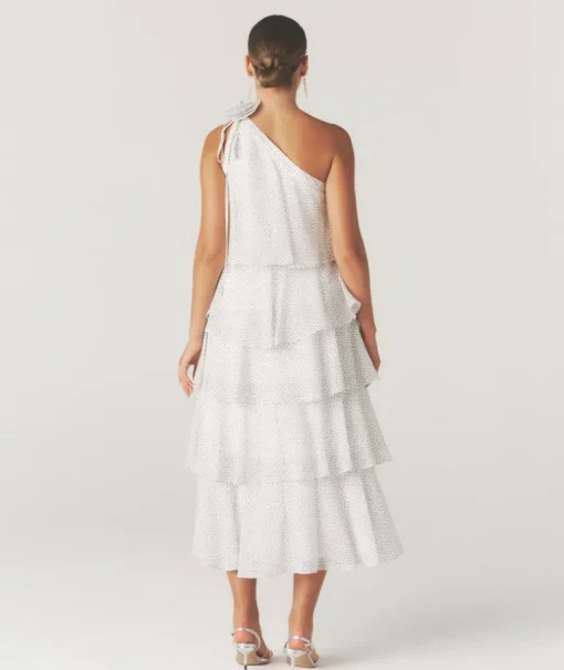 Polka Corsage Tiered Midaxi Dress - White