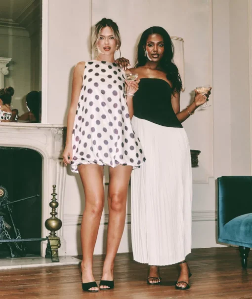 Polka Dot Satin Puff Ball Mini Dress - White