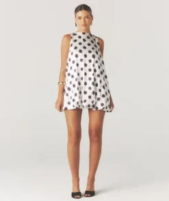 Polka Dot Satin Puff Ball Mini Dress - White