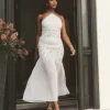 Polka Halter Neck Pleated Midaxi Dress - White