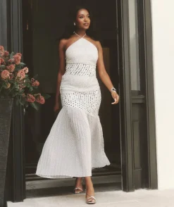 Polka Halter Neck Pleated Midaxi Dress - White
