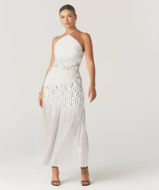 Polka Halter Neck Pleated Midaxi Dress - White