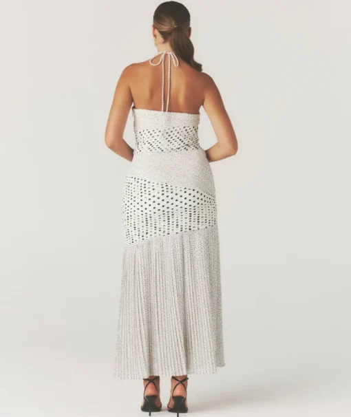 Polka Halter Neck Pleated Midaxi Dress - White